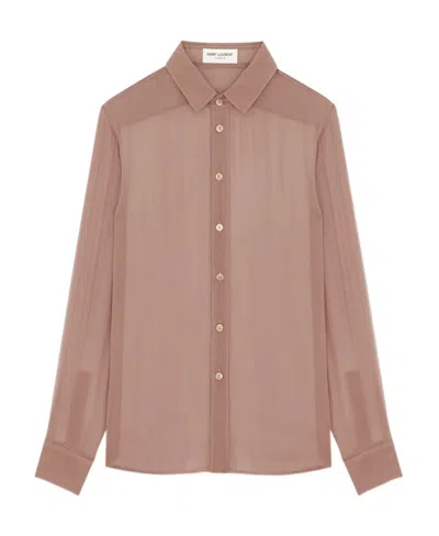 Saint Laurent Semi-sheer Long-sleeve Shirt In Pink