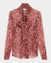 Saint Laurent Semi-sheer Printed Tie Neck Blouse In Red