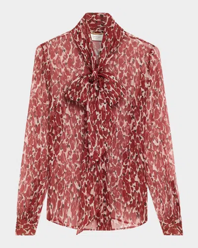 Saint Laurent Semi-sheer Printed Tie Neck Blouse In Red