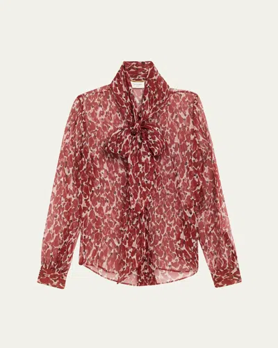 SAINT LAURENT SEMI-SHEER PRINTED TIE NECK BLOUSE