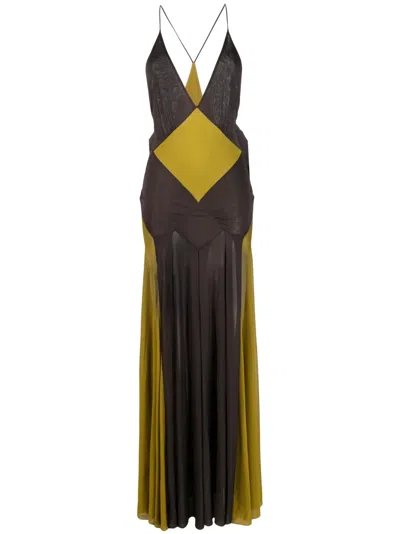 Saint Laurent Semi-sheer V-neck Gown In Brown