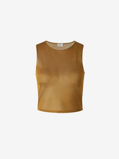 Saint Laurent Silk Satin Crepe Tank Top In Brown