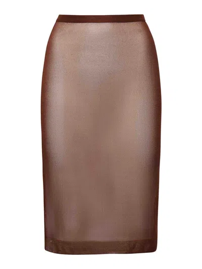 Saint Laurent Semi-transparent Midi Skirt In Brown