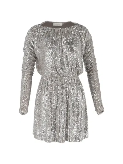 Pre-owned Saint Laurent Sequined Mini Dress In Silver
