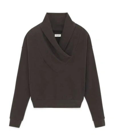 Saint Laurent Shawl-neck Cotton Sweatshirt In Brown