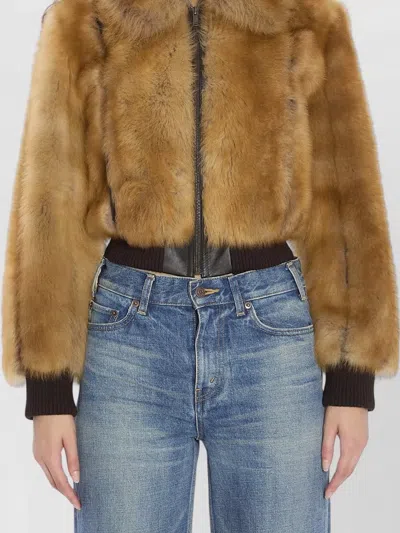 Saint Laurent Shearling Bomber Jacket Cropped Fur Texture In Brown