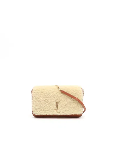 Saint Laurent Shearling Cassandre Monogram Phone Holder Bag In Sand