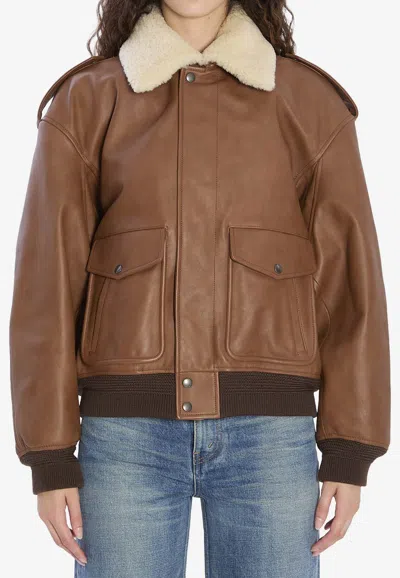 Saint Laurent Shearling Leather Bomber Jacket In Brown