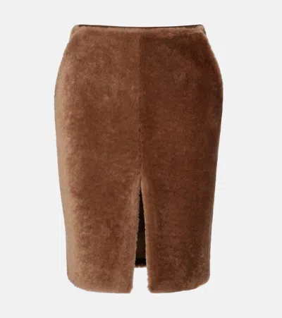 Saint Laurent Shearling Pencil Skirt In Brown