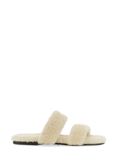 Saint Laurent Shearling Slide Sandal In White