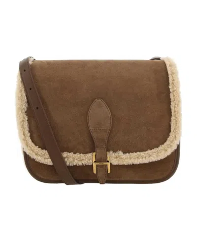 Saint Laurent Shearling-trim Crossbody Bag In Green