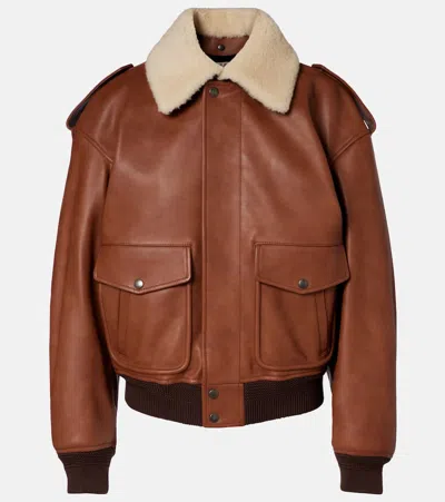 Saint Laurent Shearling-trimmed Leather Bomber Jacket In Brown