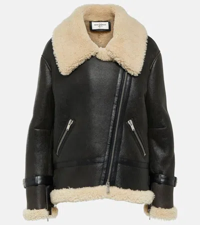 Saint Laurent Shearling-trimmed Leather Jacket In Black