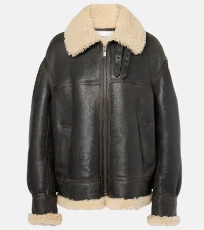 Saint Laurent Shearling-trimmed Leather Jacket In Brown
