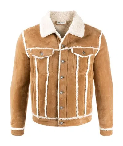 Saint Laurent Men's Muton Shearling Jacket In Cognac,ecru