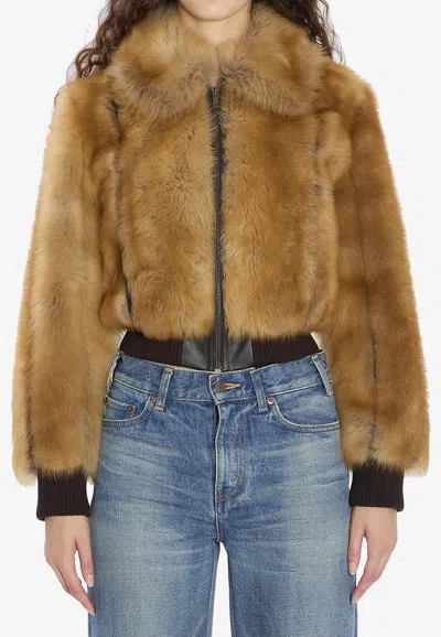 Saint Laurent Shearling Zip-up Jacket In Sand