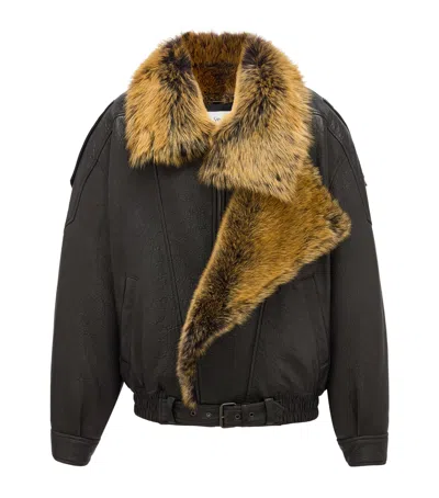 Saint Laurent Shearling-collar Lambskin Bomber Jacket In Neutral
