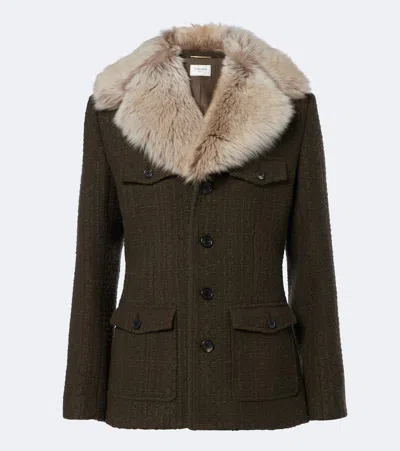 Saint Laurent Shearling-trimmed Wool-blend Tweed Jacket In Green
