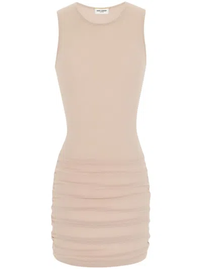 Saint Laurent Sheer Beige Short Dress With Ruched Detailing In Tan