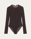 Saint Laurent Sheer Knit Long-sleeve Bodysuit In Brown