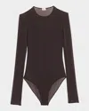 Saint Laurent Sheer Knit Long-sleeve Bodysuit In Brown