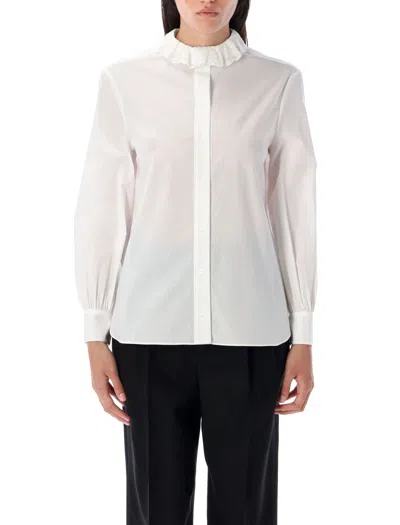 Saint Laurent Sheer Lace-trim Ruffle Collar Blouse In White