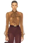 Saint Laurent Pussy-bow Silk-chiffon Blouse In Caramel