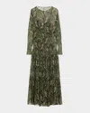 Saint Laurent Pussy-bow Shirred Printed Metallic Silk-crepon Maxi Dress In Vert Multico