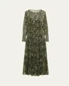Saint Laurent Pussy-bow Shirred Printed Metallic Silk-crepon Maxi Dress In Vert Multico