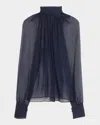 Saint Laurent Sheer Ruched Hig-neck Blouse In Midnight Blue