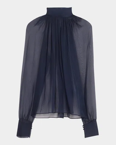 Saint Laurent Sheer Ruched Hig-neck Blouse In Midnight Blue