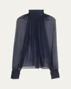 Saint Laurent Sheer Ruched Hig-neck Blouse In Midnight Blue