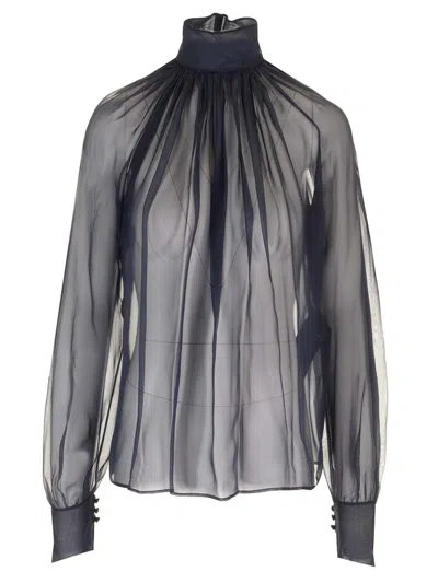 Saint Laurent Sheer Silk Blouse Tops Blue In Black