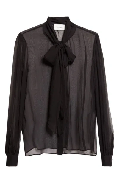 Saint Laurent Sheer Silk Chiffon Tie Neck Shirt In Black