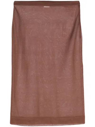 Saint Laurent Paris Women Sheer Silk Knitted Pencil Skirt In Brown