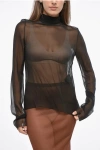 Saint Laurent Sheer Silk Turtleneck Blouse In Blue