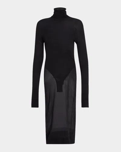 Saint Laurent Sheer Turtleneck Midi Dress With Bodysuit In Noir