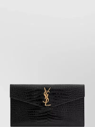 Saint Laurent Shiny Crocodile Embossed Leather Clutch Bag