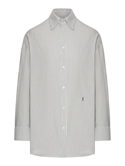 Saint Laurent Cassandre Striped Cotton Shirt In Gray