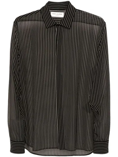 Saint Laurent Pinstripe Silk Shirt In Black