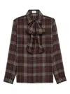 Saint Laurent Plaid Bow Detail Collared Neck Long Sleeves In Brown