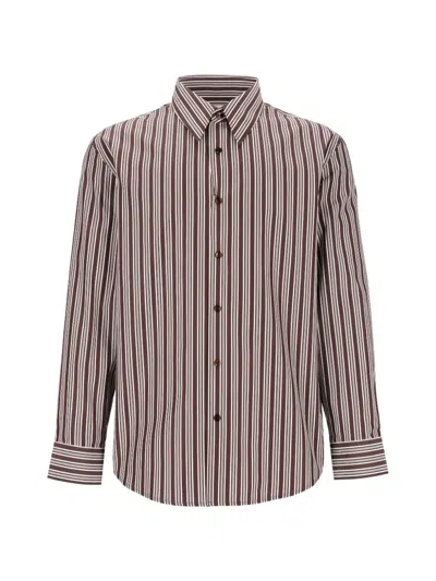 Saint Laurent Embroidered Poplin Shirt With Striped Detail In Brown