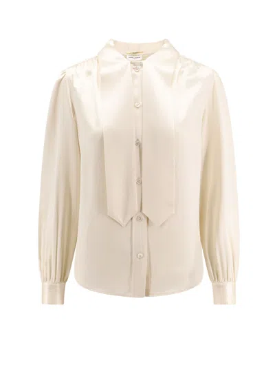 Saint Laurent Lavallière-neck Blouse In Silk Satin In White