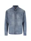 Saint Laurent Blue Long Sleeves Logo Denim Shirt In Blue