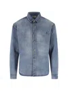 Saint Laurent Blue Long Sleeves Logo Denim Shirt In Blue