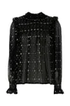 Saint Laurent Embroidered Crepe Blouse With Ruffles And Smocked Yoke In Black