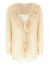 Saint Laurent Beige Blouse With V Neck And Ruffles On Front And Rear In Silk Woman In Brown