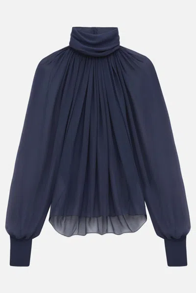 Saint Laurent Sheer Ruched Hig-neck Blouse In Midnight Blue