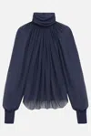 Saint Laurent Turtleneck Blouse In Silk Muslin In Blue