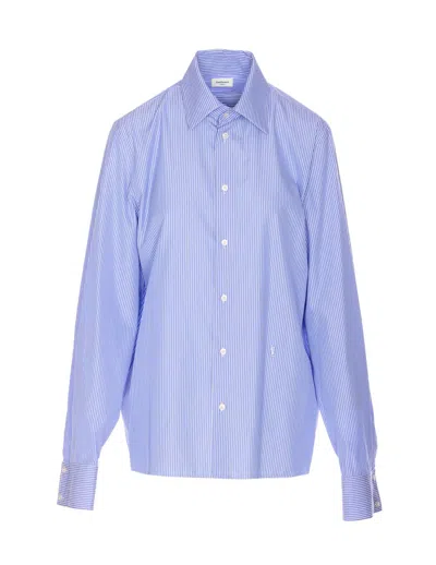 Saint Laurent Embroidered Poplin Cassandre Shirt In Blue